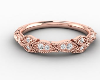 Vintage Leaf Diamond Wedding Bands In 14K Solid Rose Gold | Natural Diamond Engagement Band Ring | Unique Diamond Anniversary Band Rings |
