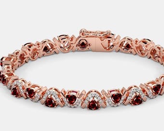 Trillion Shape Red Garnet Tennis Bracelet In 925 Sterling Silver | Natural Red Garnet Handmade Bracelet | Garnet Anniversary Bracelet