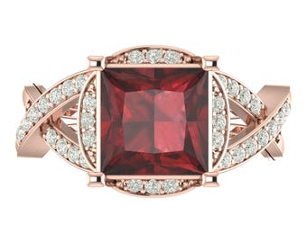 Natural Princess Cut Red Garnet Engagement In 14K Solid Rose Gold,Infinity Shank Garnet & Diamond Rings,Anniversary Gift,January Birthstone