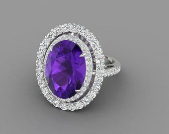 Gorgeous Natural Oval Cut Amethyst Engagement Ring 14K Solid White Gold,Amethyst & Diamond Double Halo Ring,February Birthstone Jewellery