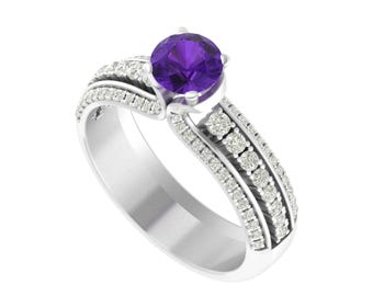 Amethyst Engagement Ring In 14K Solid White Gold | Unique Amethyst & Diamond Wedding Ring | Round Shape Amethyst Ring | February Birthstone
