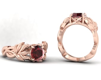 Vintage Natural Round Cut Red Garnet Engagement Ring In 14K Solid Rose Gold,Leaf Solitaire Garnet Wedding Ring,January Birthstone Jewelry