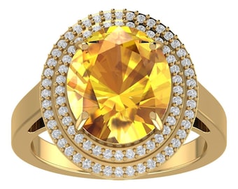 Lab Grown Yellow Sapphire Engagement Ring In 14K Solid Yellow Gold,Oval Cut Yellow Sapphire & Diamond Double Halo Ring,Anniversary Gifts