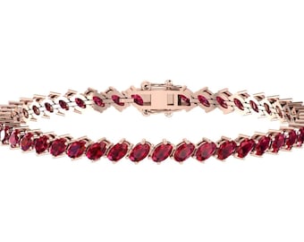 Natural Oval Shape Red Garnet Tennis Bracelet In 925 Sterling Silver | Handmade Red Garnet Women's Bracelet | Anniversary Gifts For Wife