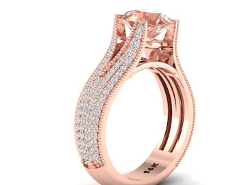 Natural Round Shape Morganite Engagement Ring In 14K Solid Rose Gold | Morganite & Diamond Wedding Ring | Anniversary Ring | Promise Ring