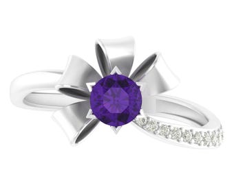 Natural Round Shape Amethyst Engagement Ring In 925 Sterling Silver | Unique Amethyst & Diamond Wedding Ring | February Birthstone