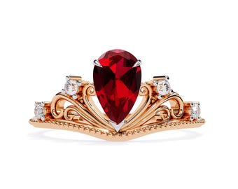 Natural Red Garnet & Diamond Ring | Unique Garnet Engagement Ring | 14K Rose Gold Garnet Ring | Vintage Garnet Ring | January Birthstone