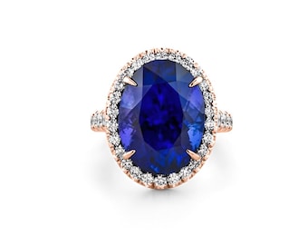 Natural Tanzanite Engagement Ring In 14K Rose Gold | D-Block Tanzanite & Diamond Halo Ring | Vintage Tanzanite Ring | December Birthstone