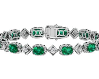 Cushion Shape Emerald Tennis Bracelet | 925 Sterling Silver Emerald Bracelet | Vintage Emerald Handmade Bracelet | Wedding Tennis Bracelet