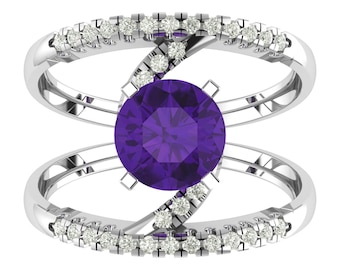 Round Shape Amethyst Engagement Ring In 14K Solid White Gold | Amethyst & Diamond Wedding Ring | February Birthstone | Anniversary Rings