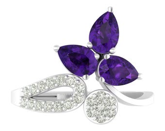 Natural Pear Shape Amethyst Engagement Ring In 925 Sterling Silver| Amethyst & Diamond Wedding Ring | Unique Amethyst Anniversary Rings