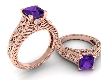 Vintage Natural Princess Shape Amethyst Engagement Ring In 14K Solid Rose Gold,Gorgeous Amethyst & Diamond Ring,Anniversary Gifts For Wife