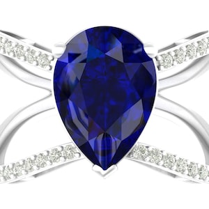 4.3Ct Pear Shape Lab Grown Blue Sapphire Engagement Ring In 14K Solid White Gold | Blue Sapphire & Diamond Wedding Ring | Anniversary Ring