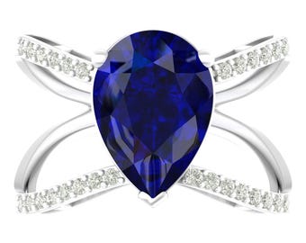 4.3Ct Pear Shape Lab Grown Blue Sapphire Engagement Ring In 14K Solid White Gold,Unique Sapphire & Diamond Ring,Anniversary Gifts For Wife