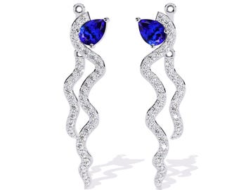 Natural Pear Cut Tanzanite Studs Earrings | Unique Tanzanite & Diamond Earrings | 14K White Gold Tanzanite Earring | AAAA Tanzanite Earrings