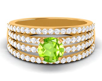 Natural Peridot Engagement Ring In 14K Solid Rose Gold | Round Shape Peridot & Diamond Ring | Peridot Promise Ring | August Birthstone