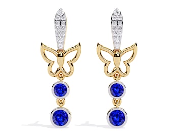 Natural Round Cut Tanzanite Earrings | Butterfly Tanzanite & Diamond Earrings | 14K Yellow Gold Tanzanite Earring | AAAA Tanzanite Earrings