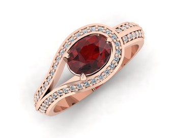 Natural Oval Shape Red Garnet Engagement Ring In 14K Solid Rose Gold | Red Garnet & Diamond Wedding Ring | Unique Garnet Anniversary Rings