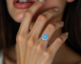 Gorgeous Natural Oval Cut Turquoise Engagement Ring In 14K Solid Yellow Gold,Turquoise & Diamond Halo Ring,Unique Women's Turquoise Ring