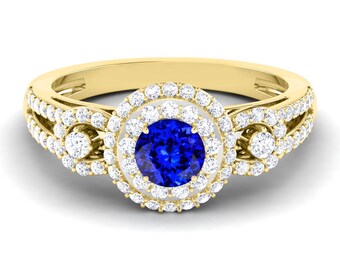Natural Tanzanite Engagement Ring In 14K Yellow Gold | AAAA Tanzanite & Diamond Halo Ring | Minimalist Ring | Promise Ring | Wedding Ring