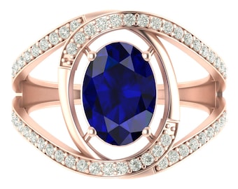 5.5Ct Oval Shape Lab Grown Blue Sapphire Engagement Ring In 14K Solid Rose Gold | Blue Sapphire & Diamond Wedding Ring | Anniversary Gifts