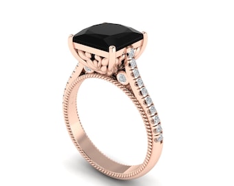 Gorgeous Natural Square Shape Black Onyx Engagement Ring In 14K Solid Rose Gold,Black Onyx & Diamond Women's Rins,Anniversary Gifts For Her