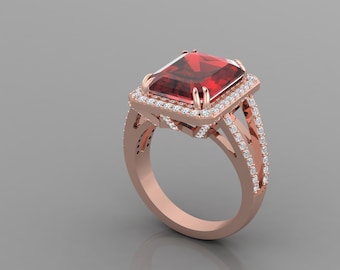 Split Shank Garnet Engagement Ring | 14K Rose Gold Red Garnet Engagement Ring | Emerald Shape Red Garnet & Diamond Halo Wedding Ring |