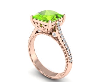 Natural Princess Shape Peridot Engagement Ring In 14K Solid Rose Gold | Peridot & Diamond Wedding Ring | Peridot Ring | August Birthstone