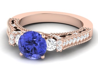 2.4Ct Natural Round Cut Tanzanite Engagement Ring In 14K Solid Rose Gold,Gorgeous Tanzanite & Diamond Ring,December Birthstone Jewelry
