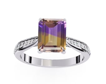 3.2Ct Natural Ametrine Engagement Ring In 14K Solid White Gold | Ametrine & Diamond Halo Ring | Bio-Colour Ametrine Ring | Promises Ring