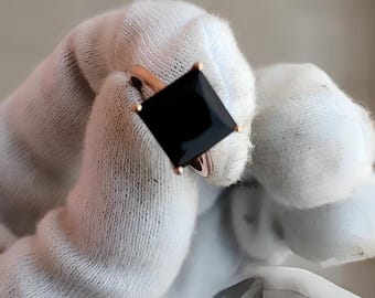 Solitaire Black Onyx Engagement Ring In 14K Solid Rose Gold,Handmade Black Onyx Ring,Natural Princess Cut Black Onyx Ring,Anniversary Gifts