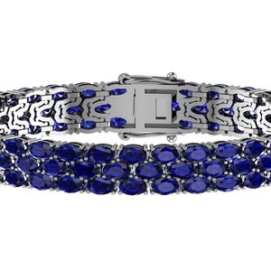 Handmade Blue Sapphire Tennis Bracelet, Sterling Silver Anniversary Gift