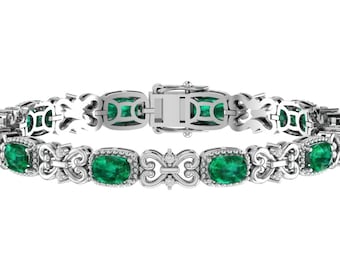 Gorgeous Cushion Cut Emerald Tennis Bracelet In 925 Sterling Silver,Vintage Emerald Handmade Bracelet,Wedding Bracelet,Perfect Gift For Her
