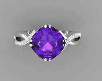 Natural Cushion Cut Amethyst Engagement Ring In 14K Solid White Gold | Infinity Shank Amethyst & Diamond Wedding Ring | February Birthstone