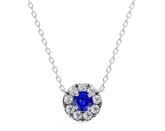 Natural Tanzanite Engagement Pendant | 14K White Gold Tanzanite Pendant | AAAA Tanzanite & Diamond Halo Pendant | Tanzanite Necklace