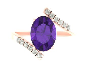 Natural Oval Cut Amethyst Engagement Ring In 14K Solid Rose Gold | Amethyst & Diamond Wedding Ring | Anniversary Ring | February Birthstone