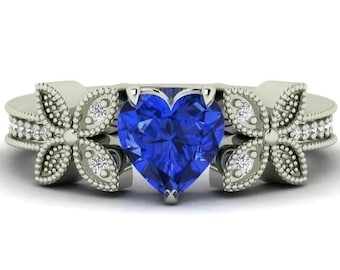 Natural Heart Shape Tanzanite Engagement Ring In 14K White Gold | AAAA Tanzanite & Diamond Butterfly Ring | Anniversary Ring | Promise Ring