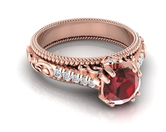 Vintage Red Garnet Ring | Natural Garnet Engagement Ring In 14K Rose Gold | Garnet & Diamond Wedding Rings | Anniversary Ring | Promise Ring