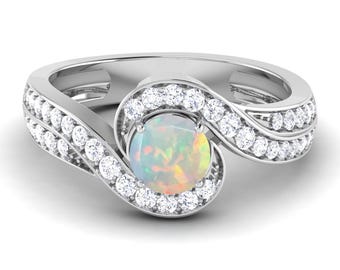 Natural Round Shape Opal Engagement Ring In 14K Solid White Gold | Unique Opal & Diamond Wedding Ring | Opal Anniversary Ring | Promise Ring