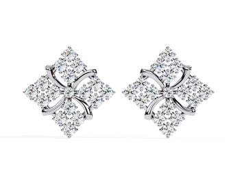 Natural Diamond Studs Earrings In 14K Solid White Gold | Unique Diamond Women's Earrings | Diamond Wedding Studs Earrings | Gifts Fr Her
