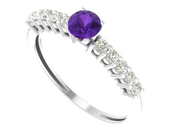 Solitaire Amethyst Engagement Ring In 925 Sterling Silver | Natural Round Shape Amethyst & Diamond Anniversary Ring | February Birthstone