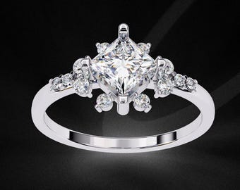 Princess Shape Lab Grown Diamond Engagement Ring In 14K Solid White God | Unique Lab Diamond Wedding Rings | Lab Diamond Anniversary Ring