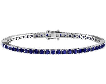 Blue Sapphire Tennis Bracelet In 925 Sterling Silver | Round Shape Blue Sapphire Women's Bracelet | Blue Sapphire Handmade Bracelet