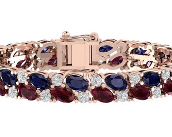 Natural Red Garnet & Blue Sapphire Tennis Bracelet In 925 Sterling Silver | Lab Blue Grown Sapphire Bracelet | Handmade Garnet Bracelet |
