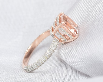 3.5Ct Natural Cushion Shape Morganite Engagement Ring In 14K Solid Rose Gold | Peach Morganite & Diamond Hidden Halo Ring | Gifts For Her