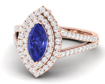 2.1Ct Natural Marquises Cut Tanzanite Engagement Ring In 14K Solid Rose Gold,Elegant Tanzanite & Double Halo Diamond Ring,Birthstone Jewelry