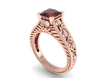 Vintage Red Garnet Engagement Ring In 14K Rose Gold | Natural Red Garnet & Diamond Ring | Garnet Wedding Rings| January Birthstone