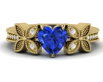 Natural Heart Cut Tanzanite Ring | Tanzanite Engagement Ring | 14K White Gold Tanzanite Ring  | AAAA Tanzanite & Diamond Butterfly Ring