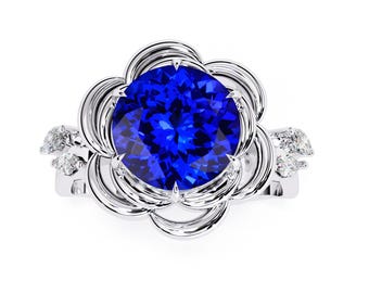 3.5 Natural Tanzanite Ring | Flower Tanzanite Engagement Ring In 14K White Gold | AAAA Tanzanite & Diamond Ring | December Birthstone