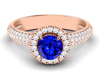 1.5Ct Natural Tanzanite Engagement Ring In 14K Solid Rose Gold | AAAA Tanzanite & Diamond  Halo Ring | Anniversary Ring | Promise Ring
